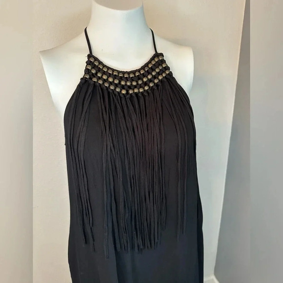 Zara Basics Maxi Black Dress Viscose Halter Neck Beading and Fringe Size Sm… - Picture 3 of 14